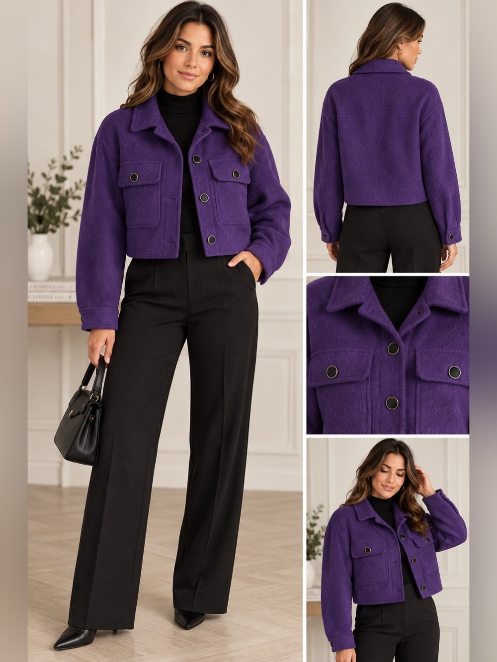 Purple Cropped Wool-Blend Jacket - Women